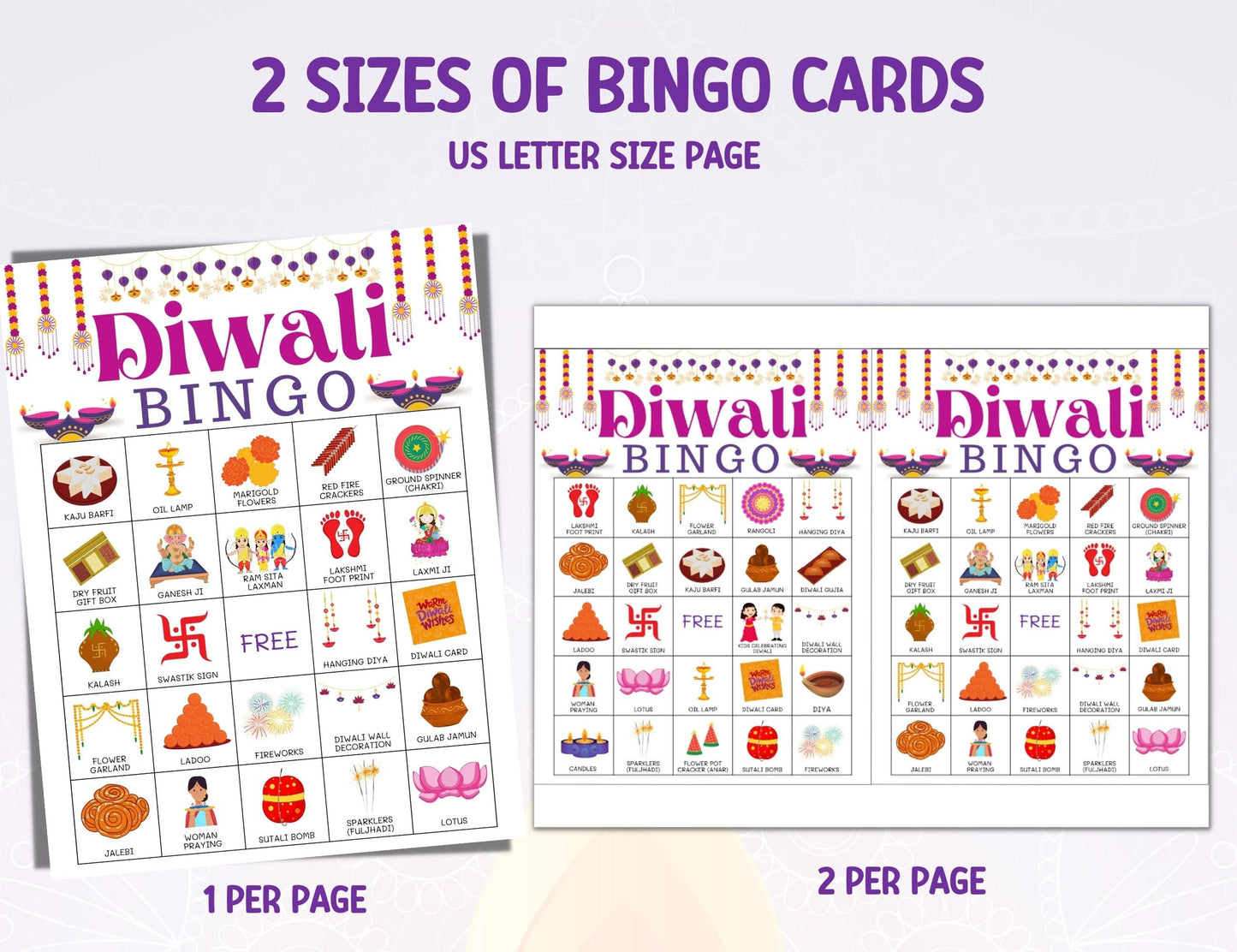 Diwali Game, Diwali 50 Bingo game Cards, Desi Indian Diwali Party Ideas