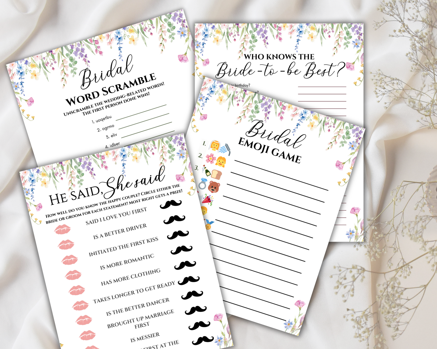 Floral Bridal Shower Games Printable,  Wildflower Bridal Shower Games Bundle