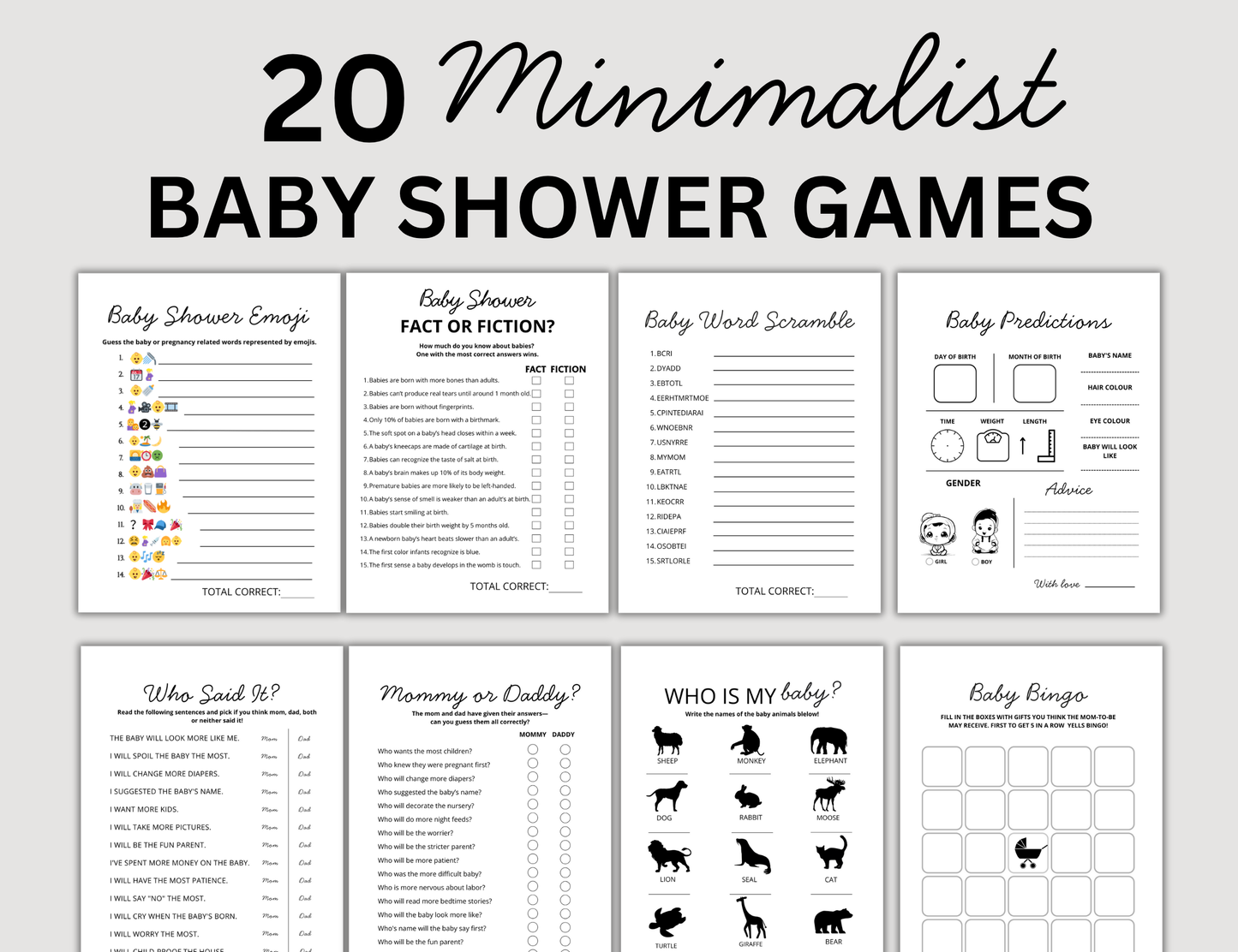 Minimalist Baby Shower Games Bundle, Gender Neutral Baby Sprinkle Activities, Printable Simple Baby Shower Games / Activity