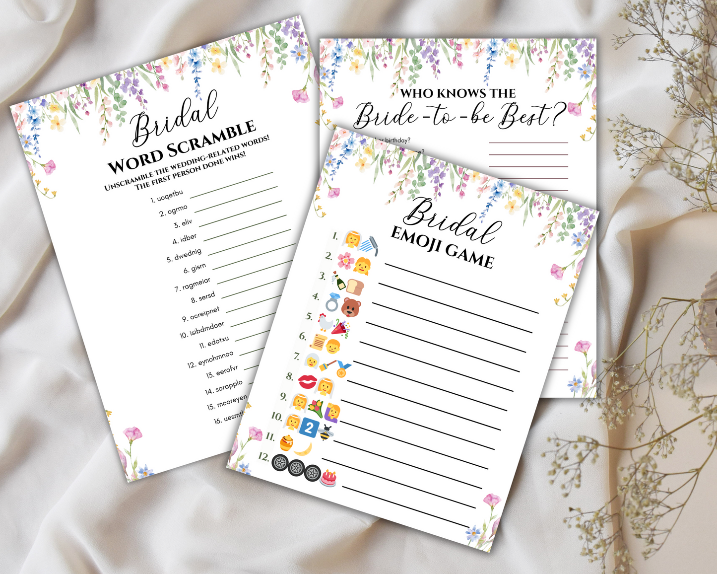 Floral Bridal Shower Games Printable,  Wildflower Bridal Shower Games Bundle