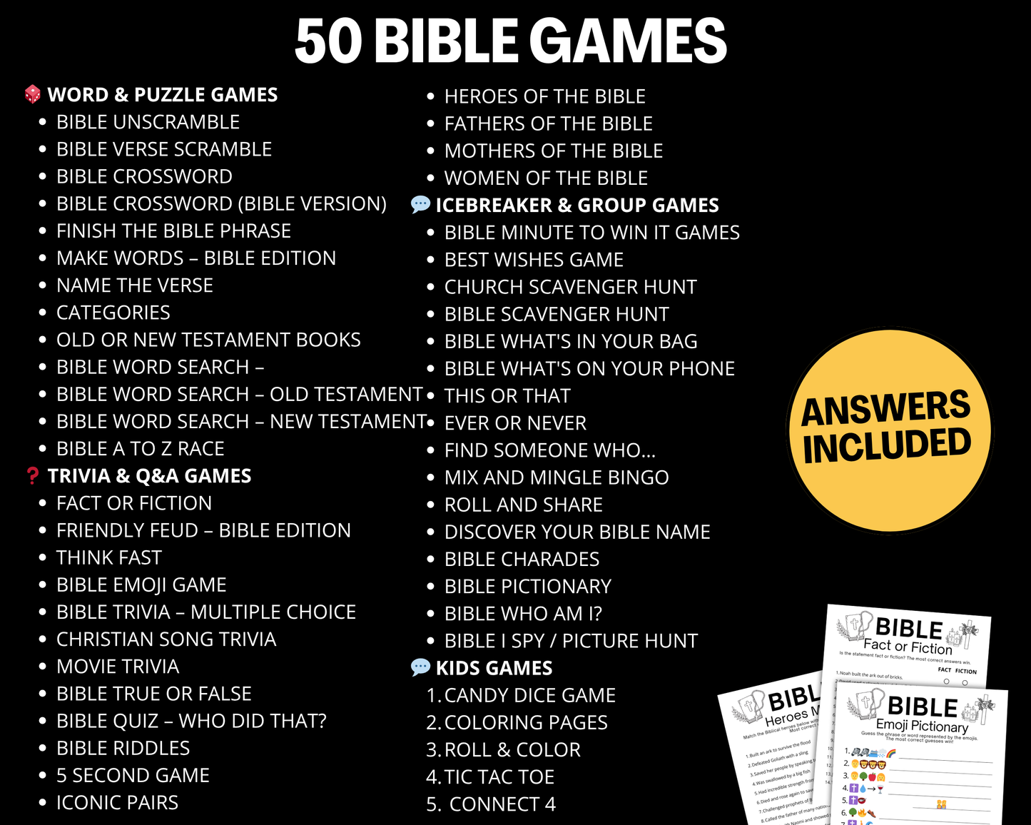 Christian Bible Games Bundle, Sunday School Activities For Adults Kids Trivia Emoji