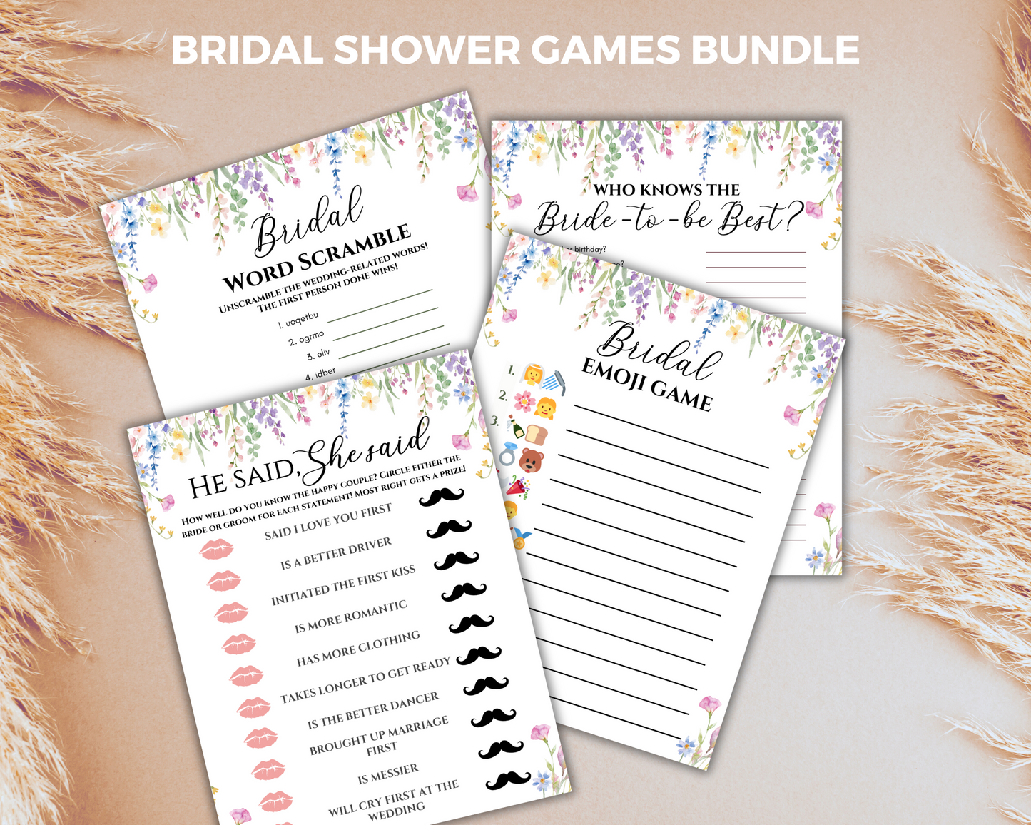 Floral Bridal Shower Games Printable,  Wildflower Bridal Shower Games Bundle