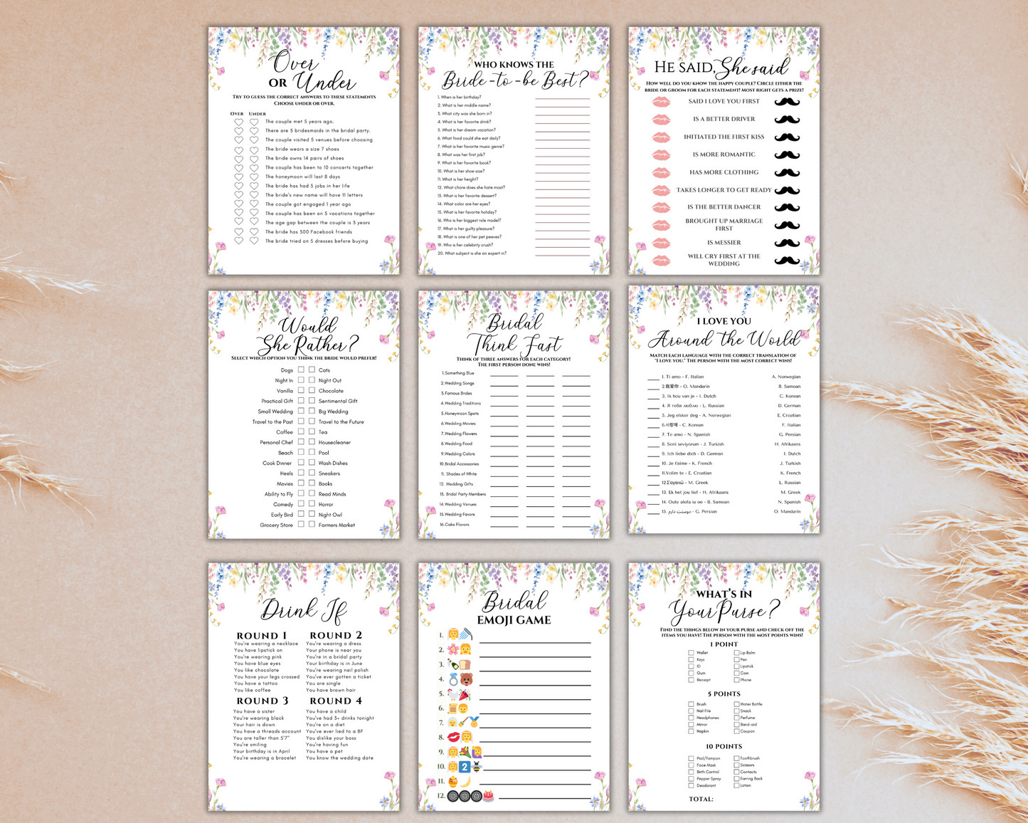 Floral Bridal Shower Games Printable,  Wildflower Bridal Shower Games Bundle