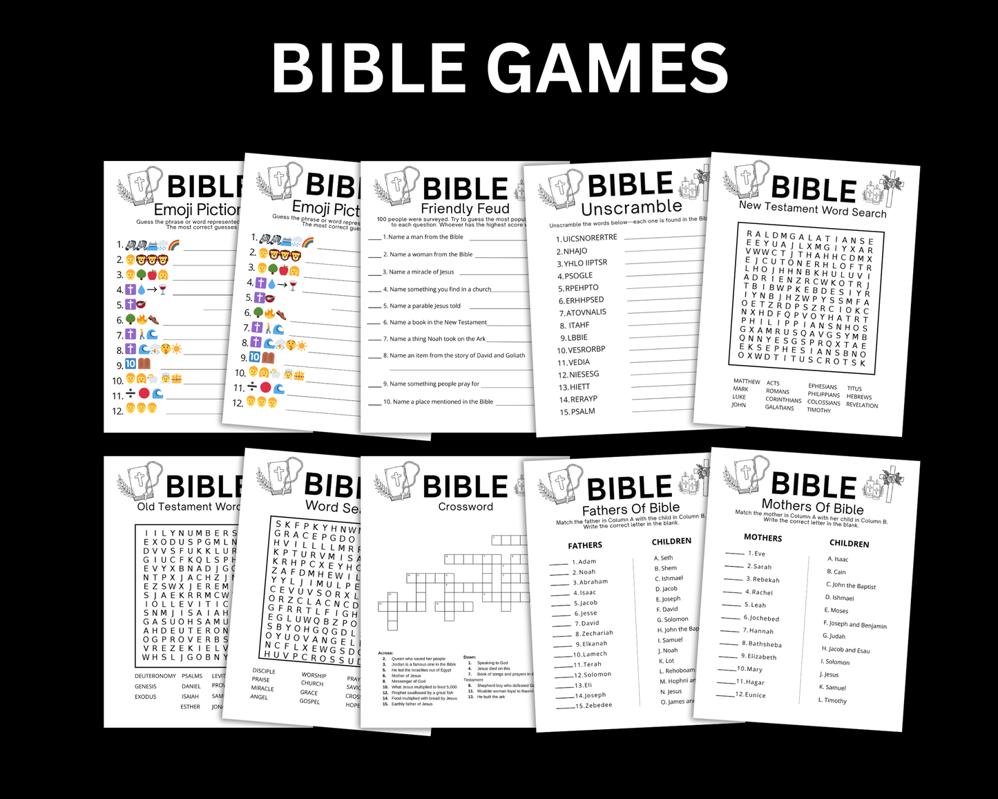 Christian Bible Games Bundle, Sunday School Activities For Adults Kids Trivia Emoji