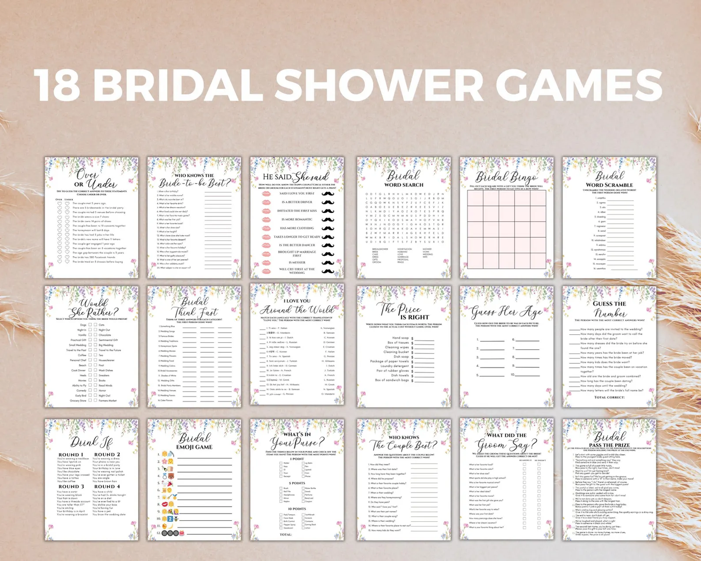 Floral Bridal Shower Games Printable,  Wildflower Bridal Shower Games Bundle