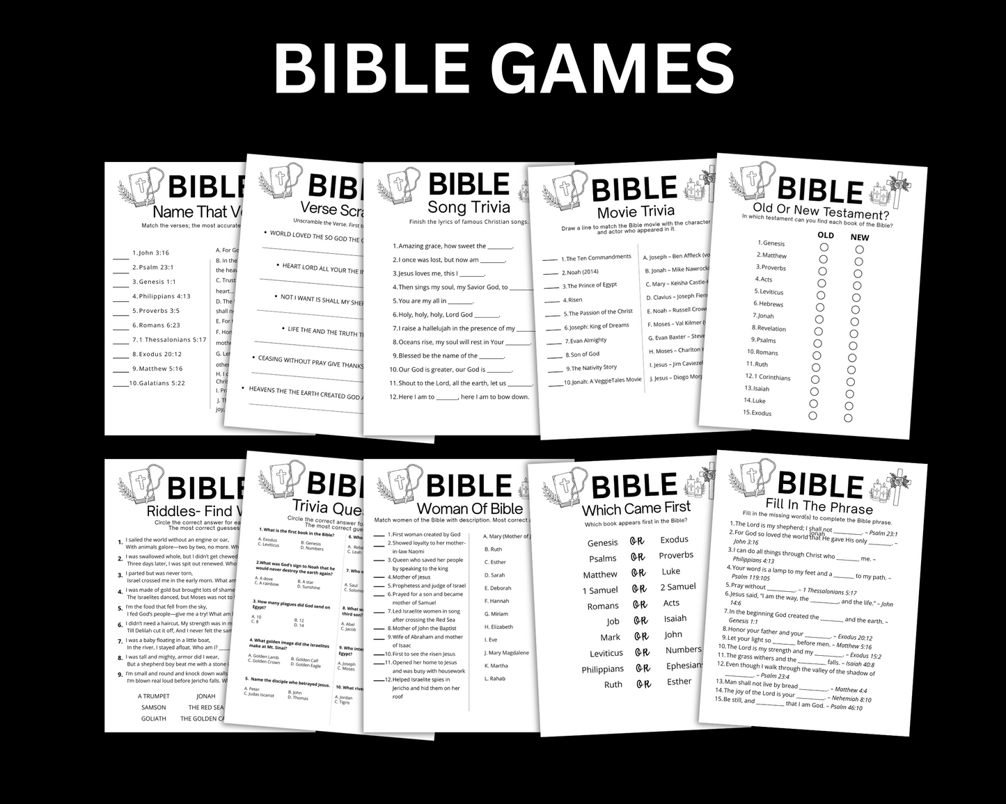 Christian Bible Games Bundle, Sunday School Activities For Adults Kids Trivia Emoji