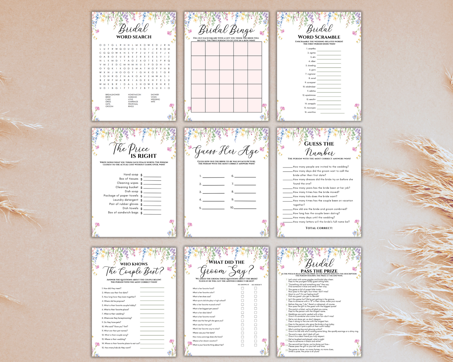 Floral Bridal Shower Games Printable,  Wildflower Bridal Shower Games Bundle