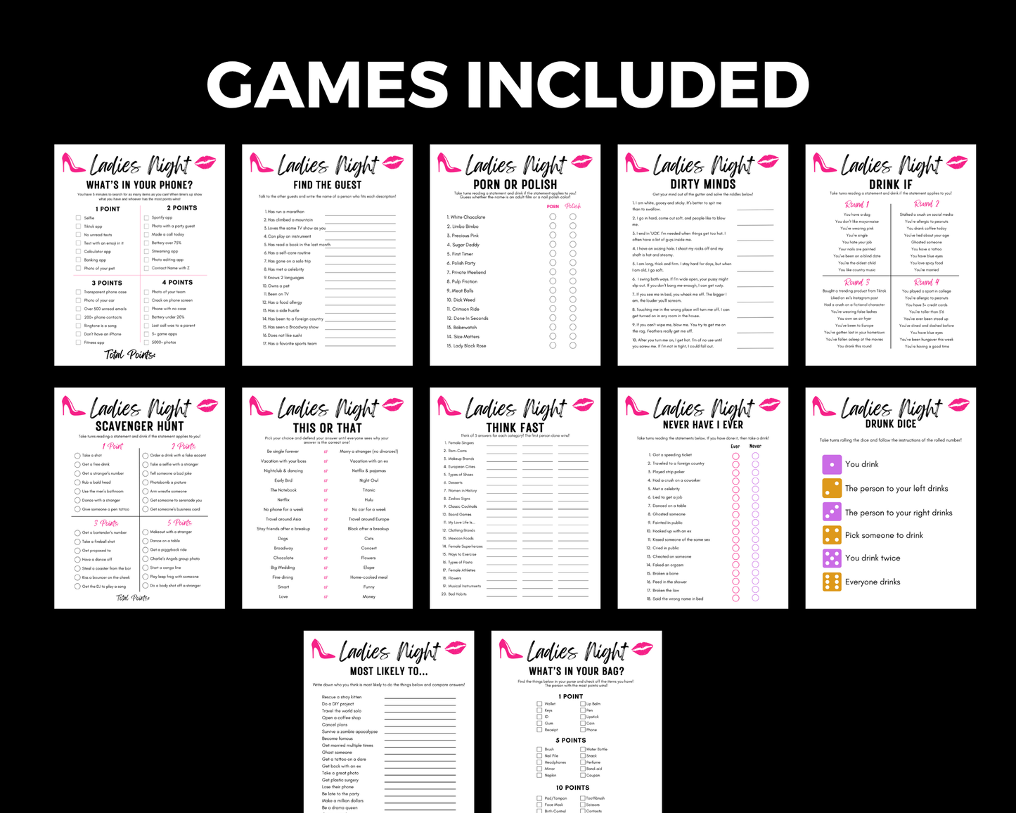 Printable Ladies Night Games, Girls Night Out Games Adults, Ladies Party Games, Fun Naughty Games, Ladies Night Out Dirty Minds Game