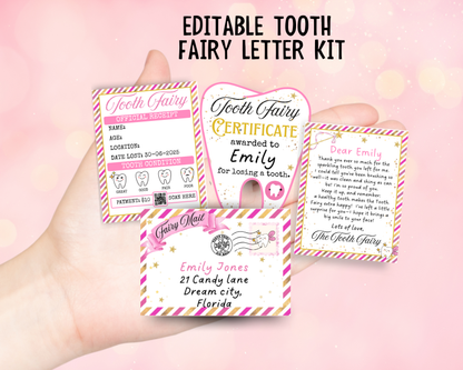 Mini Tooth Fairy Letter Set- Editable Pink Tooth Fairy Note, Receipt, Mini Envelope