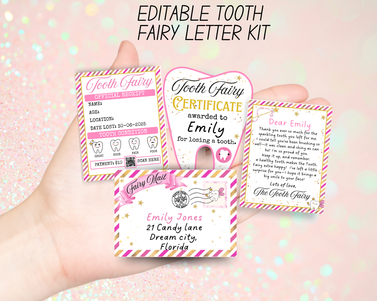 Mini Tooth Fairy Letter Set- Editable Pink Tooth Fairy Note, Receipt, Mini Envelope