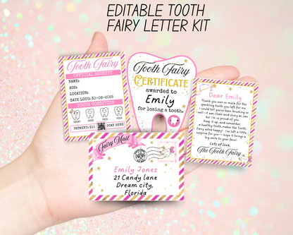 Mini Tooth Fairy Letter Set- Editable Pink Tooth Fairy Note, Receipt, Mini Envelope
