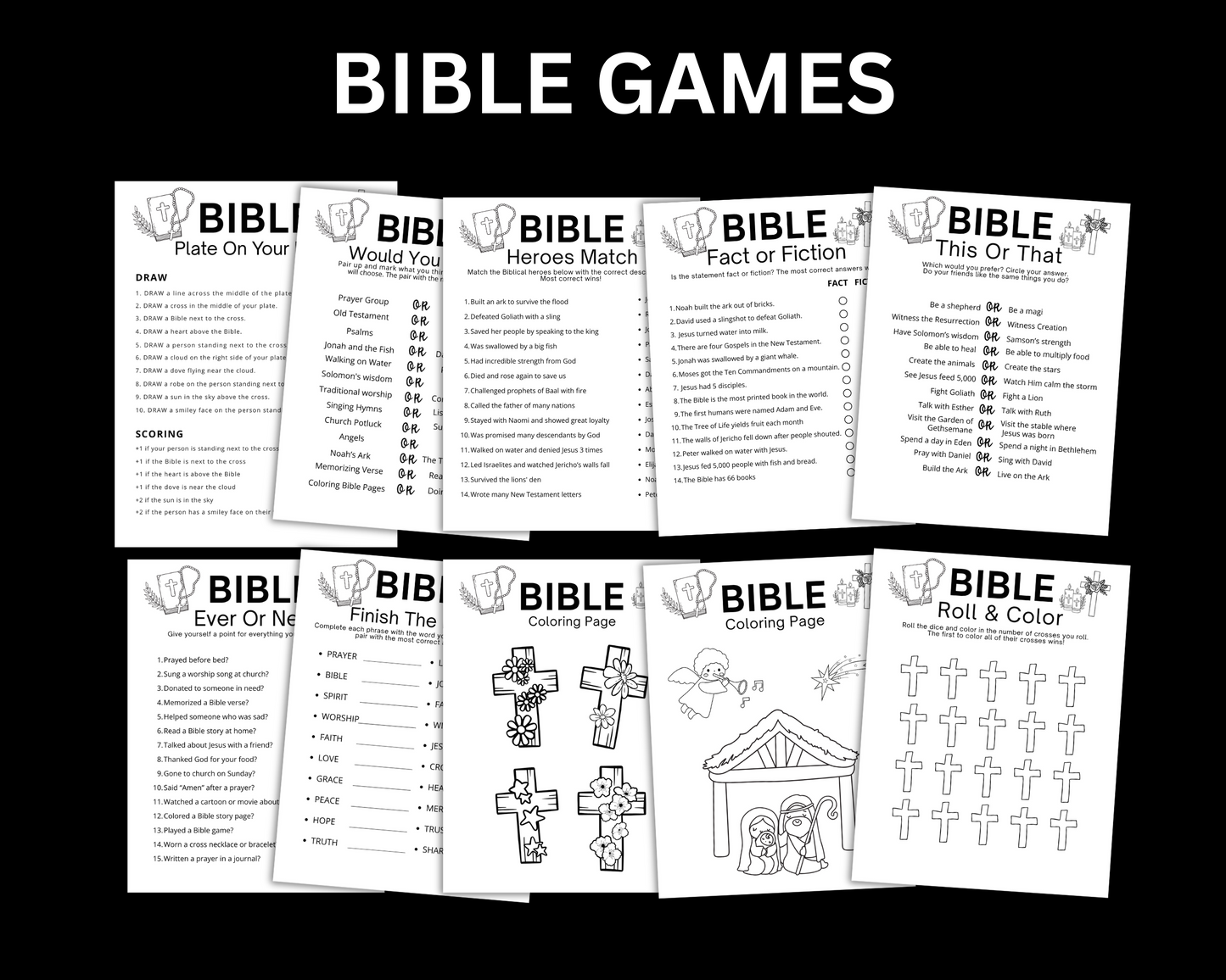 Christian Bible Games Bundle, Sunday School Activities For Adults Kids Trivia Emoji