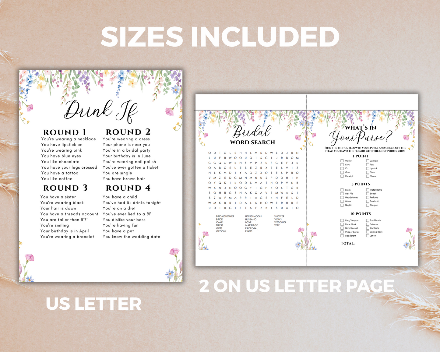 Floral Bridal Shower Games Printable,  Wildflower Bridal Shower Games Bundle