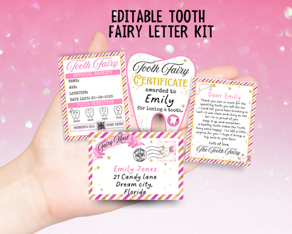 Mini Tooth Fairy Letter Set- Editable Pink Tooth Fairy Note, Receipt, Mini Envelope