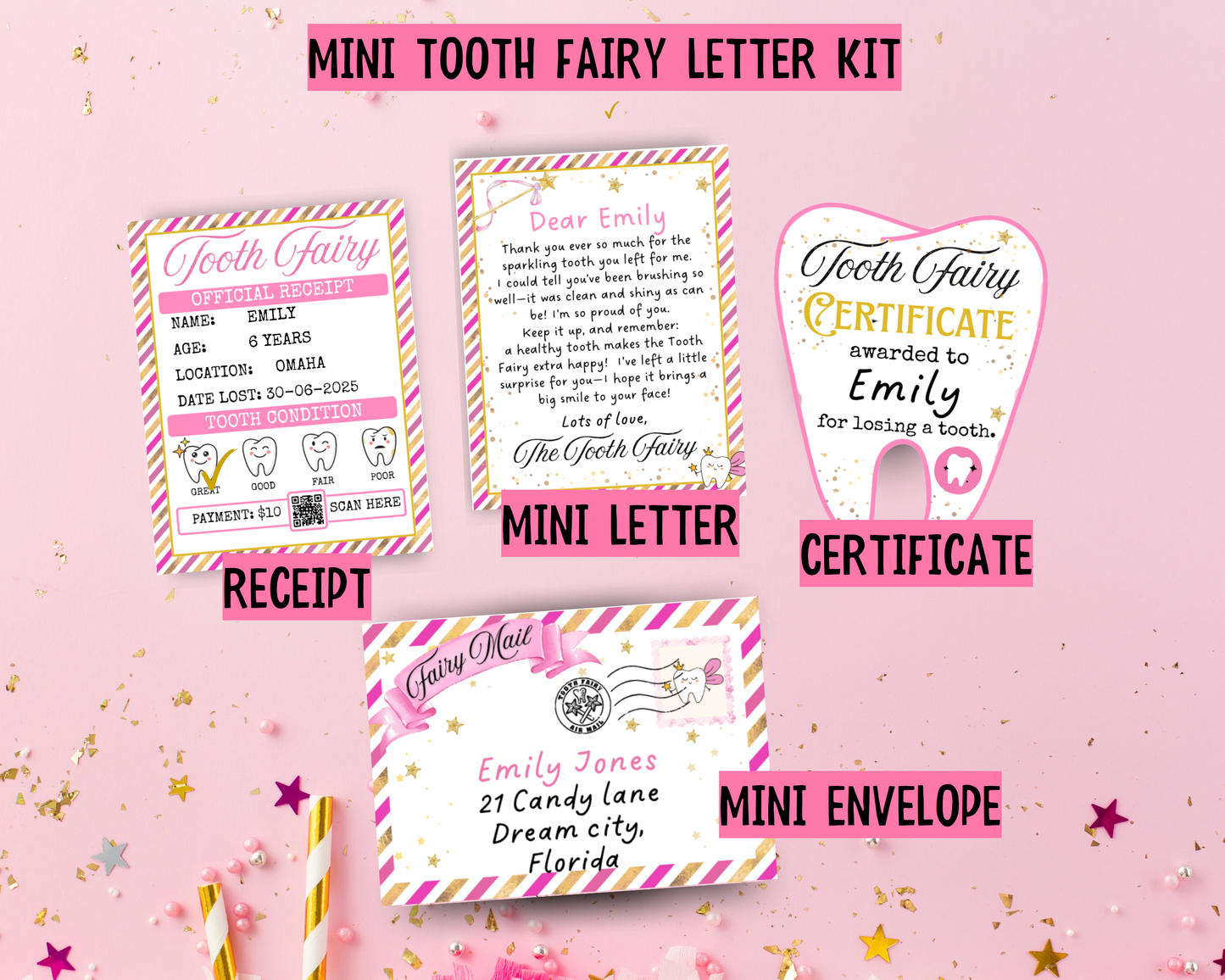 Mini Tooth Fairy Letter Set- Editable Pink Tooth Fairy Note, Receipt, Mini Envelope