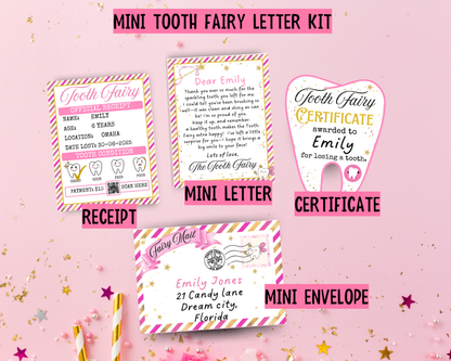 Mini Tooth Fairy Letter Set- Editable Pink Tooth Fairy Note, Receipt, Mini Envelope