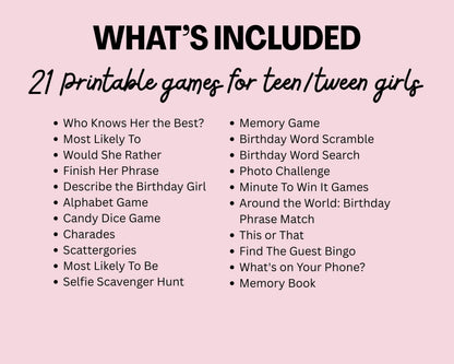 Girls Birthday Party Games, Tween 13th Sweet 16 Teen Birthday Games Printable