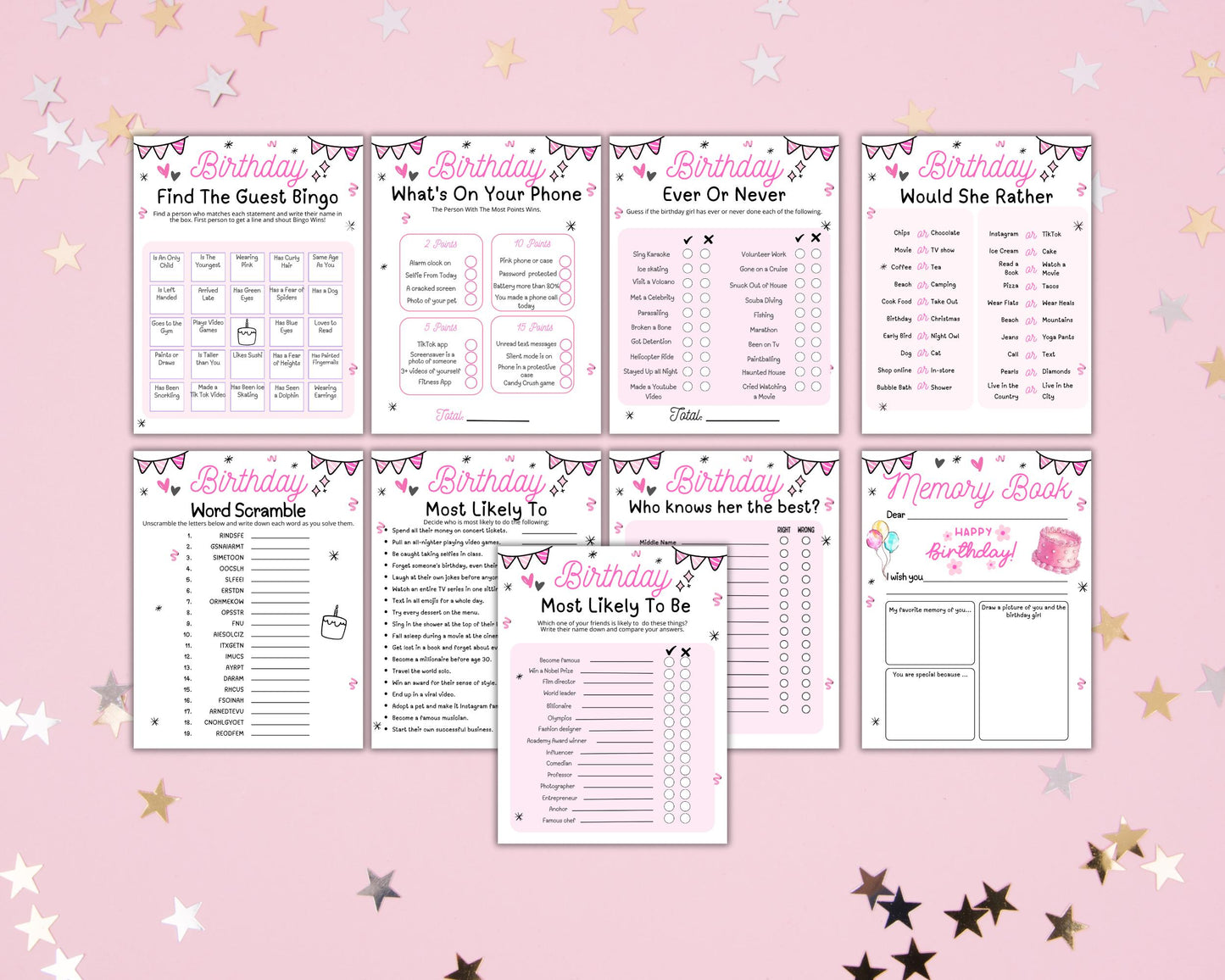 Girls Birthday Party Games, Tween 13th Sweet 16 Teen Birthday Games Printable