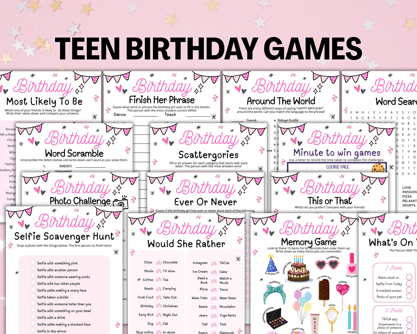Girls Birthday Party Games, Tween 13th Sweet 16 Teen Birthday Games Printable