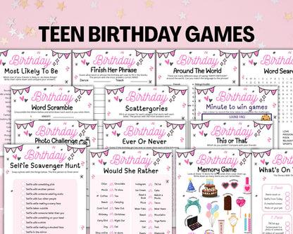 Girls Birthday Party Games, Tween 13th Sweet 16 Teen Birthday Games Printable