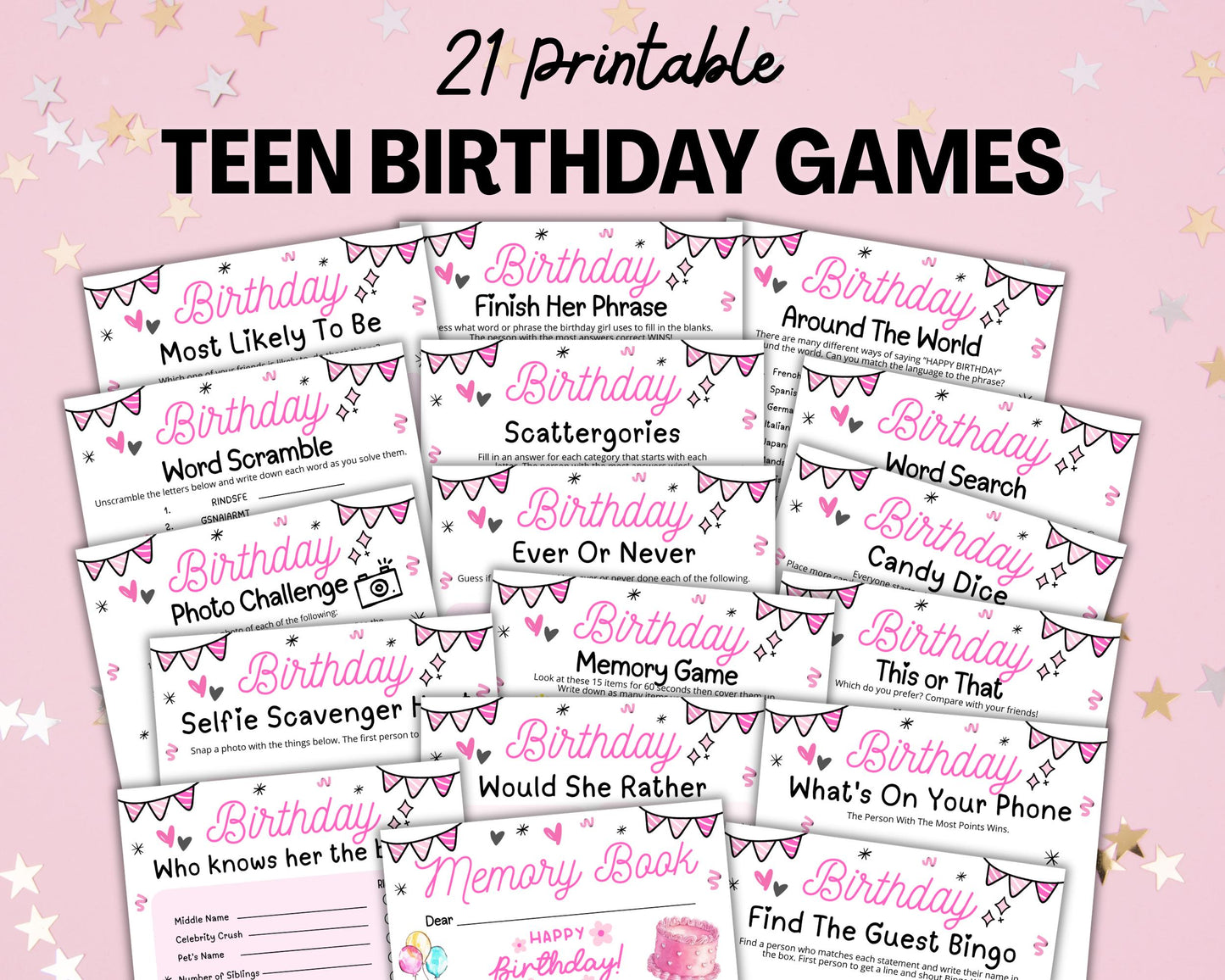 Girls Birthday Party Games, Tween 13th Sweet 16 Teen Birthday Games Printable