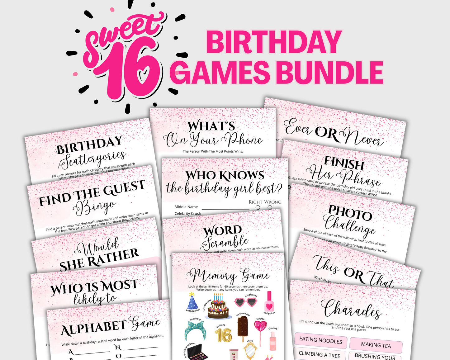 Sweet 16 Birthday Party Games Bundle, Printable 16th Birthday Games for Her