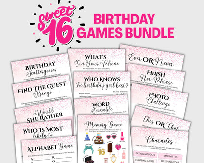 Sweet 16 Birthday Party Games Bundle, Printable 16th Birthday Games for Her