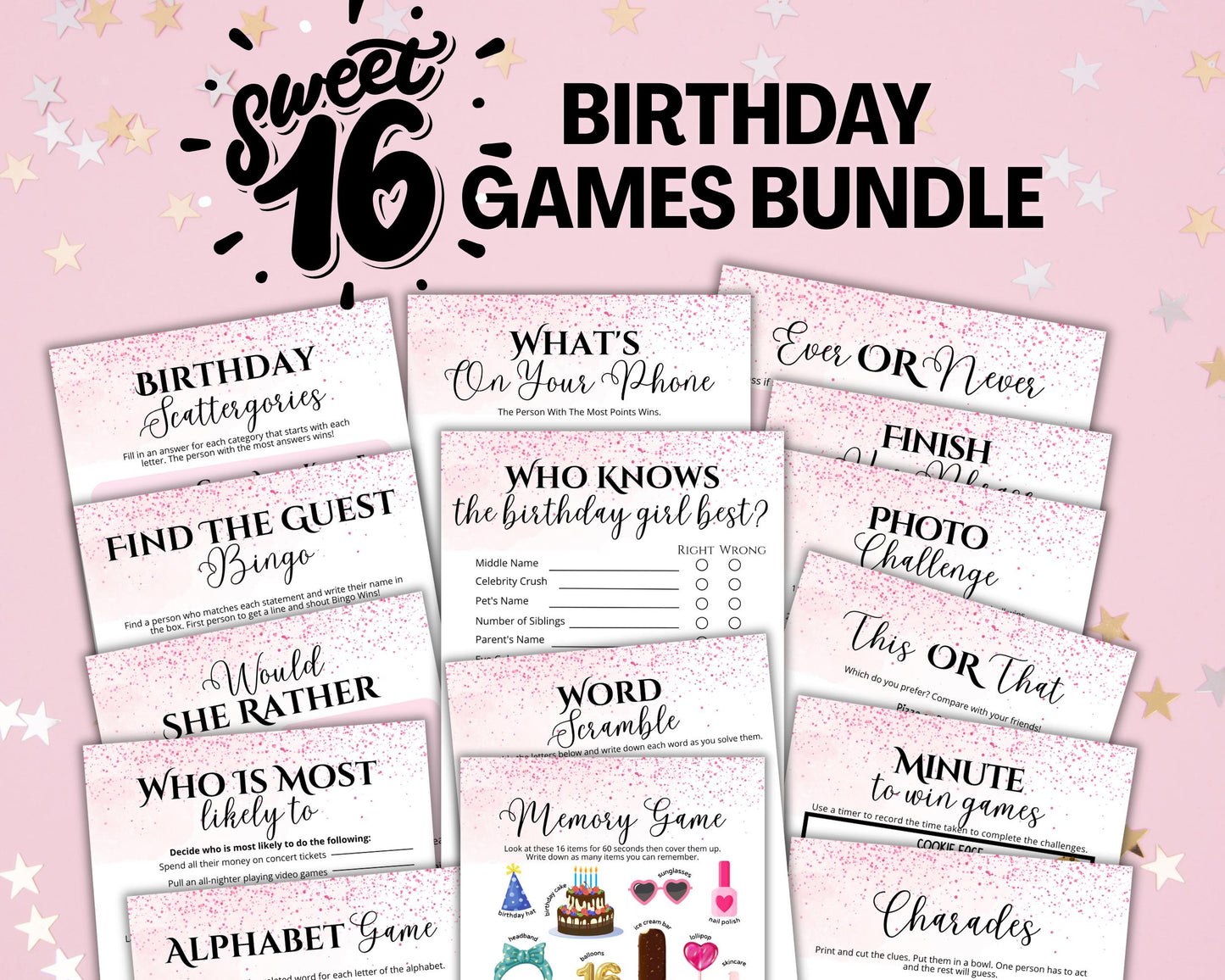 Sweet 16 Birthday Party Games Bundle, Printable 16th Birthday Games for Her