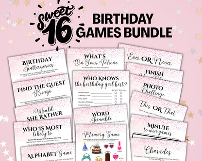 Sweet 16 Birthday Party Games Bundle, Printable 16th Birthday Games for Her