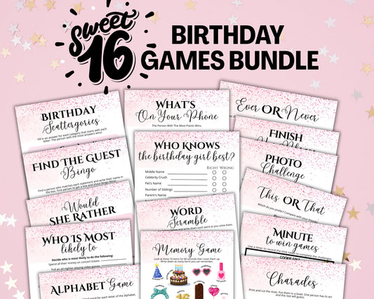Sweet 16 Birthday Party Games Bundle, Printable 16th Birthday Games for Her