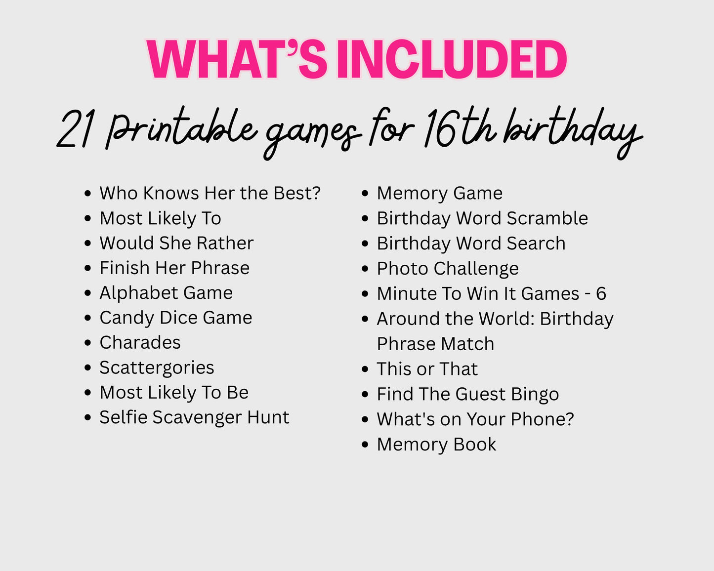 Sweet 16 Birthday Party Games Bundle, Printable 16th Birthday Games for Her