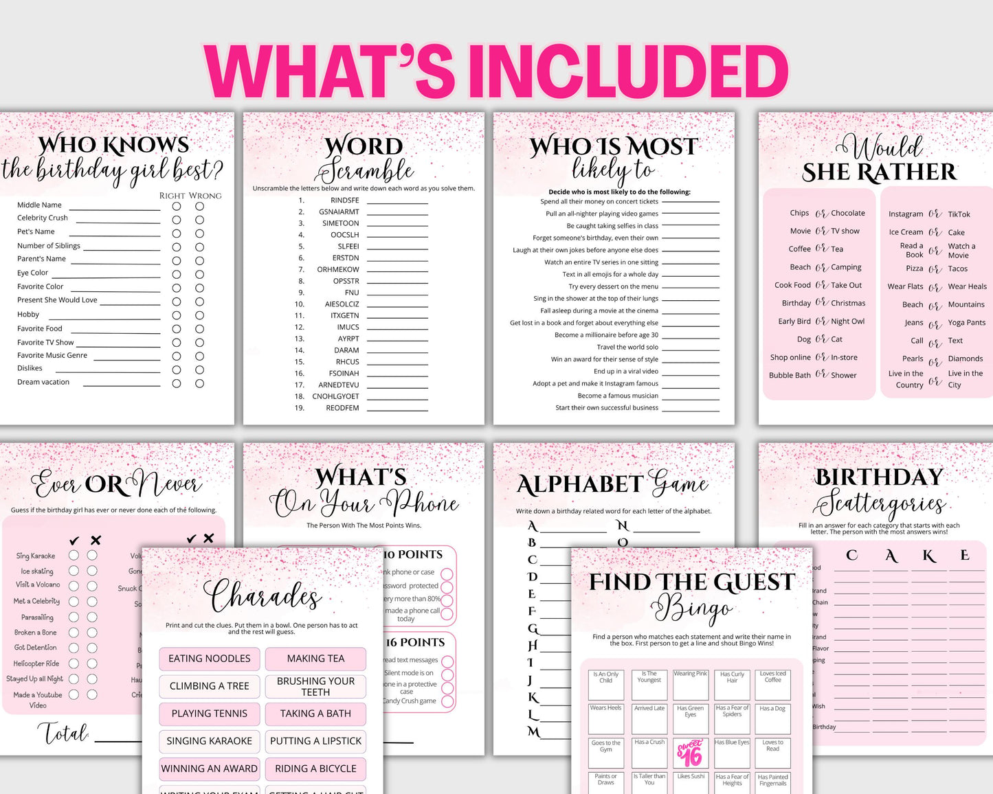 Sweet 16 Birthday Party Games Bundle, Printable 16th Birthday Games for Her