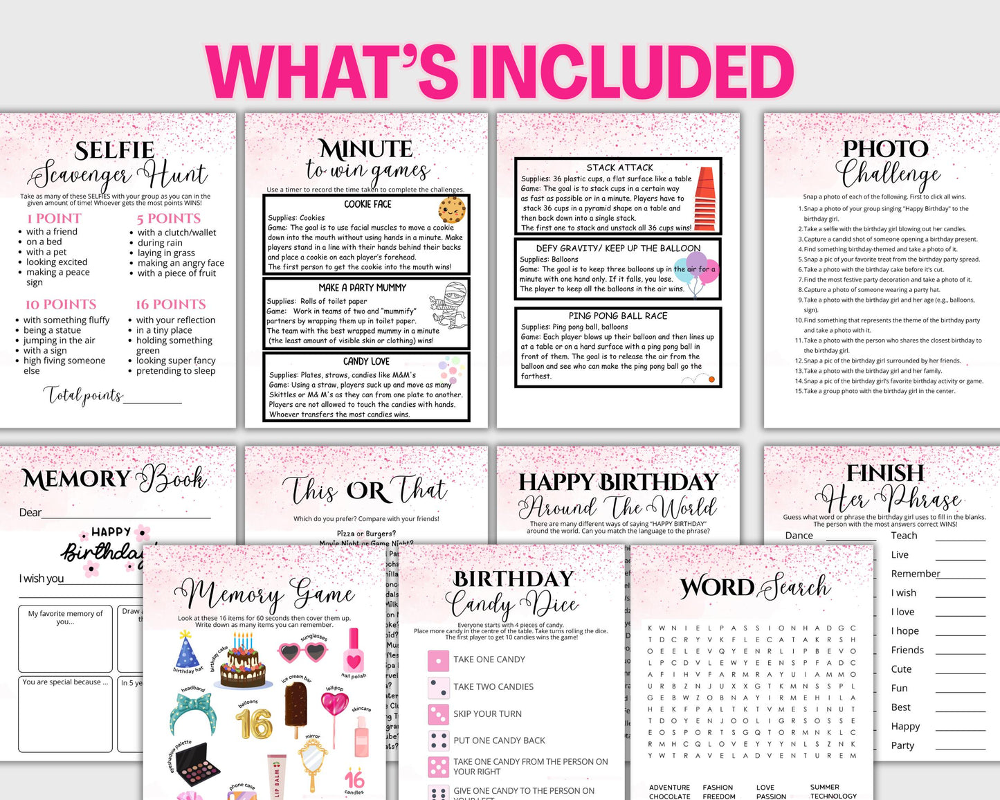Sweet 16 Birthday Party Games Bundle, Printable 16th Birthday Games for Her