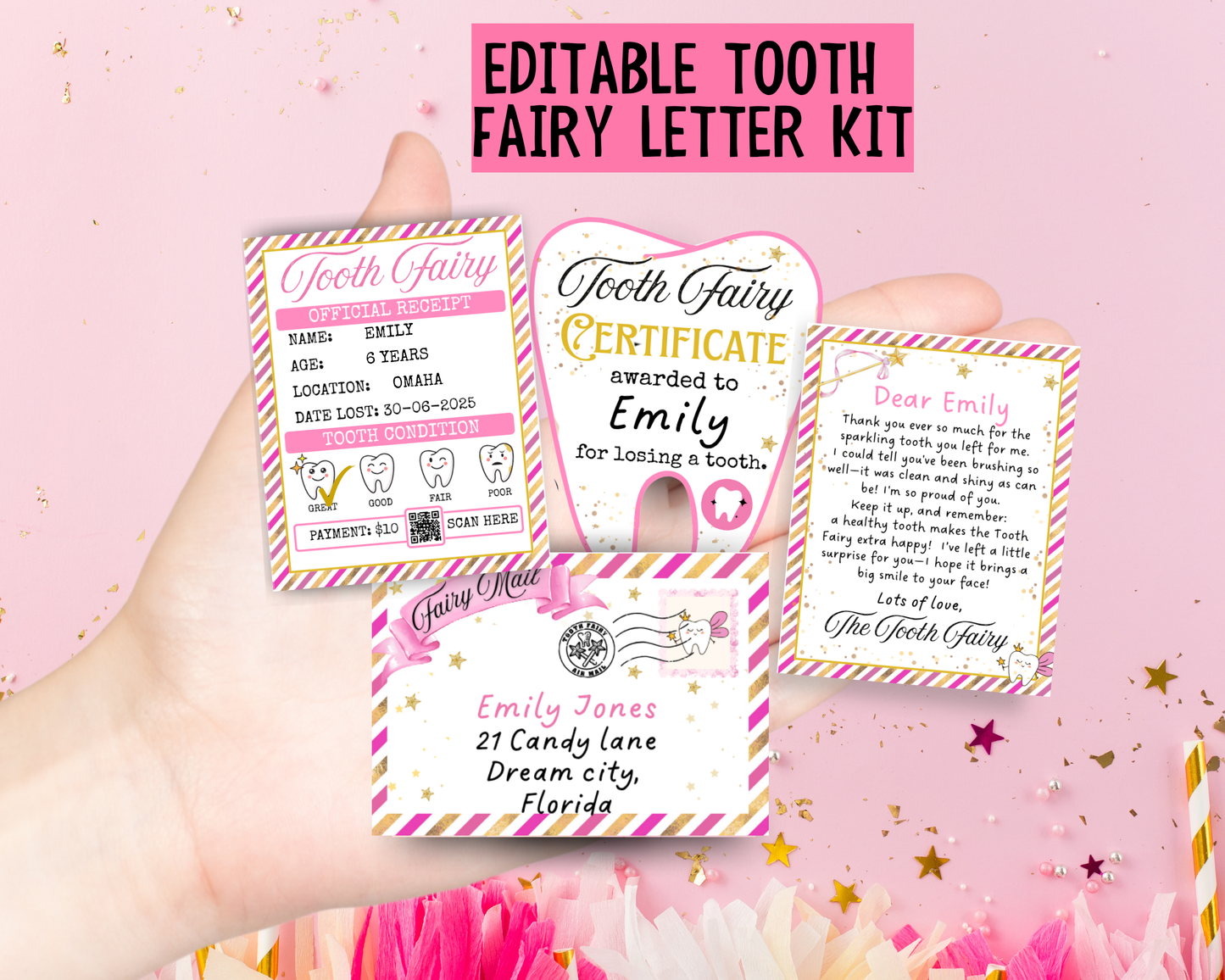 Mini Tooth Fairy Letter Set- Editable Pink Tooth Fairy Note, Receipt, Mini Envelope