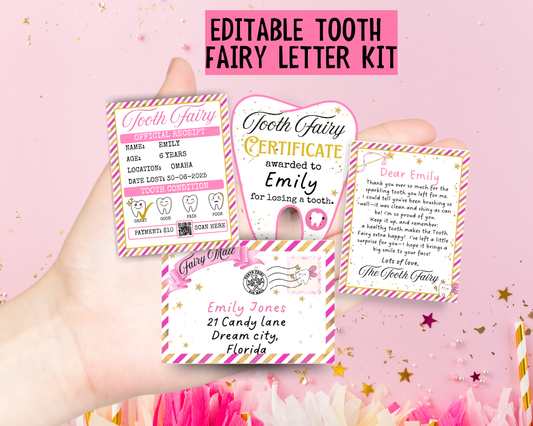 Mini Tooth Fairy Letter Set- Editable Pink Tooth Fairy Note, Receipt, Mini Envelope