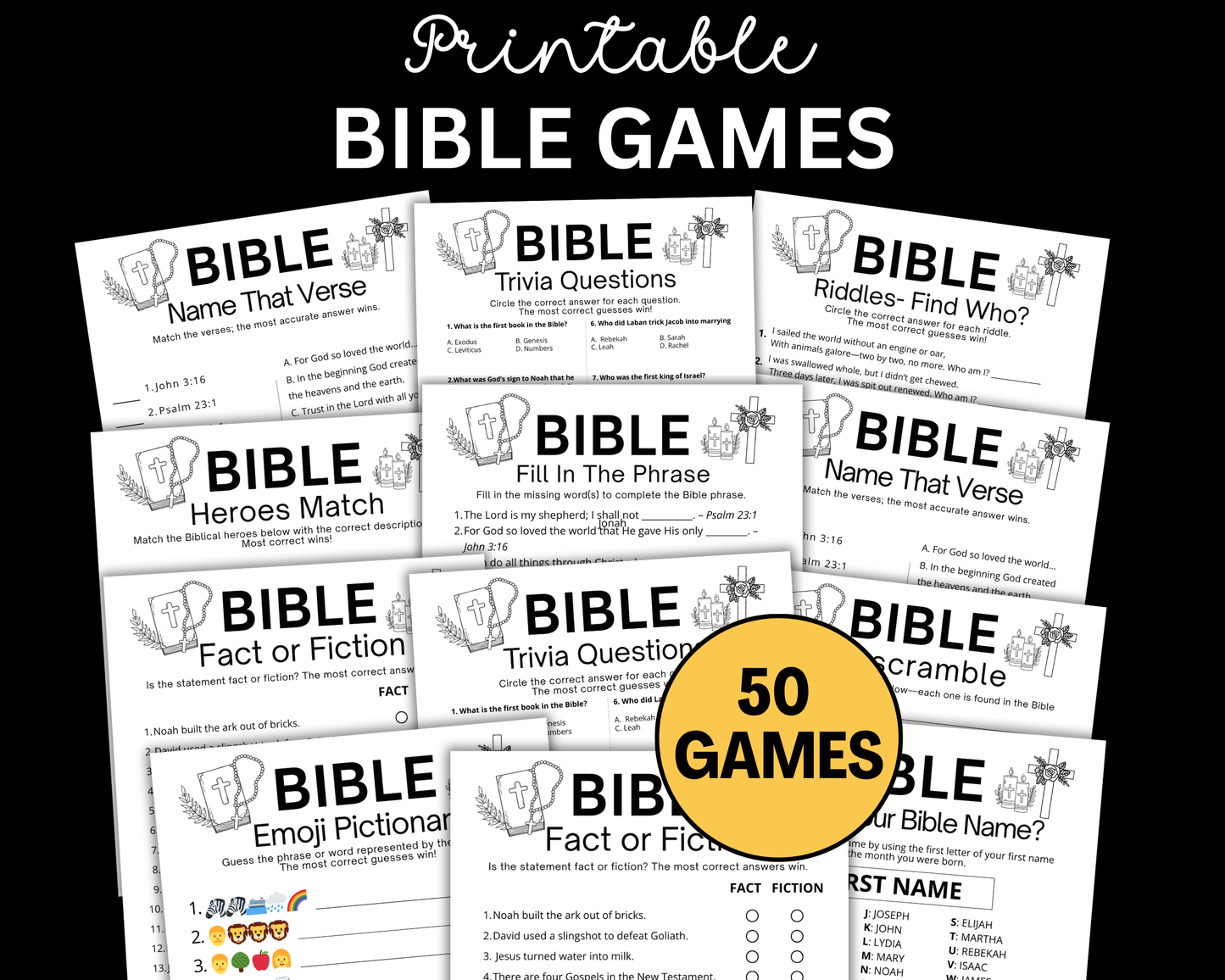 Christian Bible Games Bundle, Sunday School Activities For Adults Kids Trivia Emoji