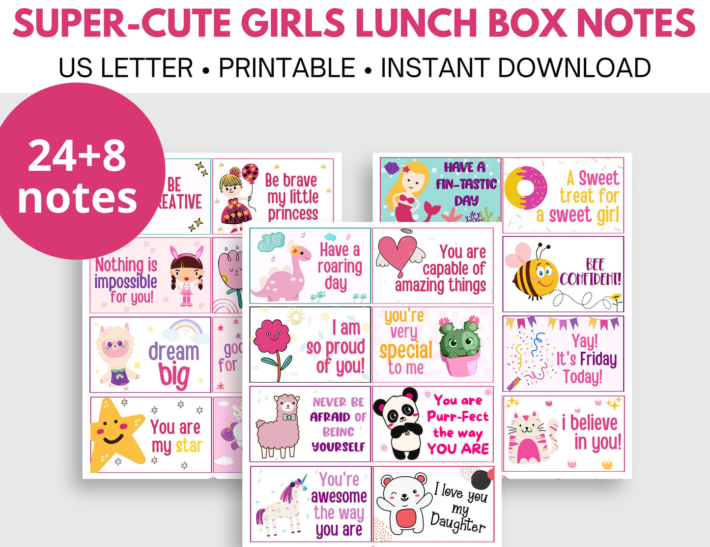 Lunch Box Notes for Kids, Lunchbox Notes For Girls, Positive Affirmations, Encouraging Notes For Kids, Instant Download Lunch notes