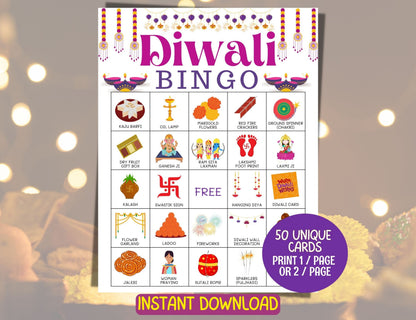 Diwali Game, Diwali 50 Bingo game Cards, Desi Indian Diwali Party Ideas