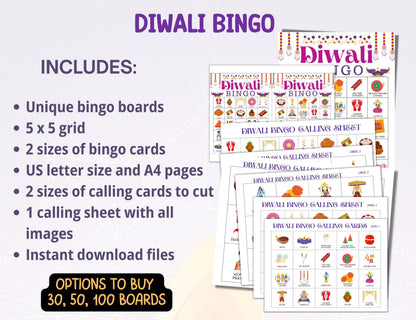 Diwali Game, Diwali 50 Bingo game Cards, Desi Indian Diwali Party Ideas